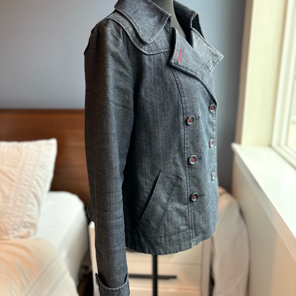 LOFT Vintage Dark Wash Denim Style Double-Breasted Pea Coat with Pockets - Picture 5 of 17